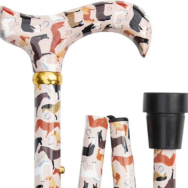 the image shows the classic canes folding fashion derby cane with a horses and ponies design