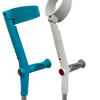 a close up of the handle of the blue and grey soft grip crutches with the red refelctive circle on the back of the handle
