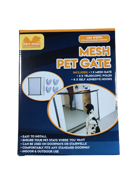 shows the mesh pet gate in its box