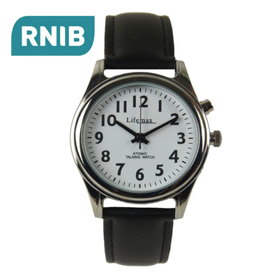 the Lifemax RNIB Talking Atomic Watch with a leather strap