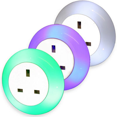 The image shows the 3 different colour options available of the Lifemax plug through night light