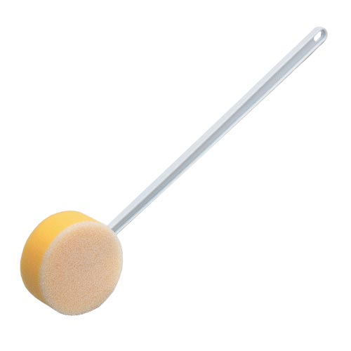 shows the loofah option of the shaped bath sponge with long handle