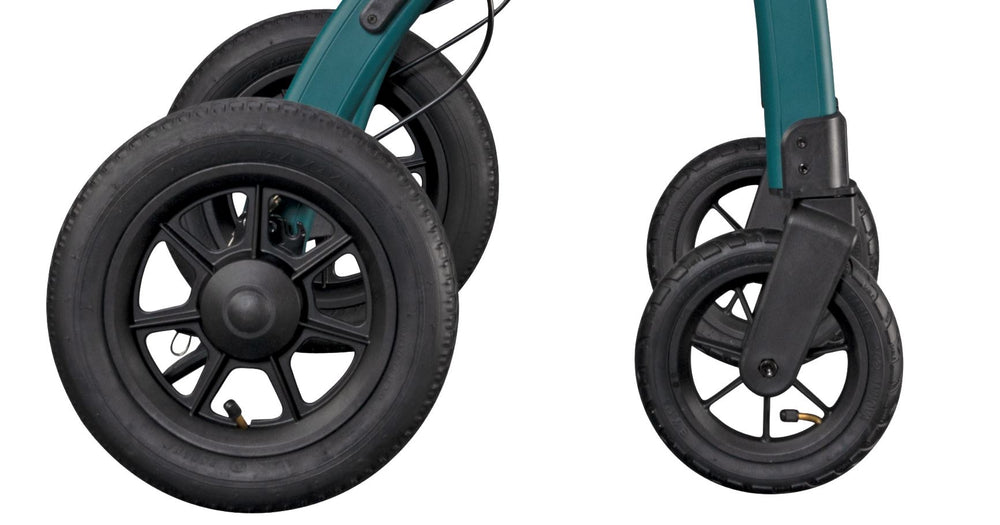 shows the pneumatic tyres on the rollz motion performance rollator