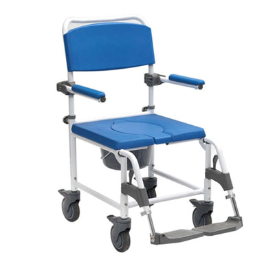the Wheeled Attendant Deluxe Shower Commode Chair with seat insert in place