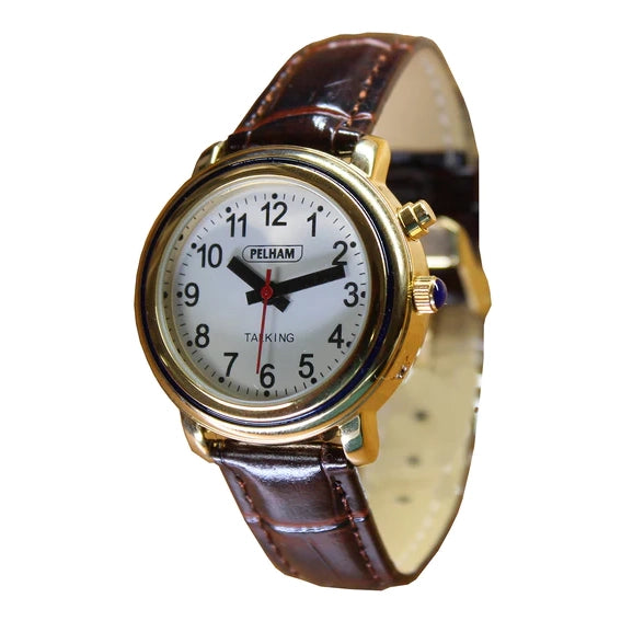 Talking Watch with Gold Case & Brown Strap