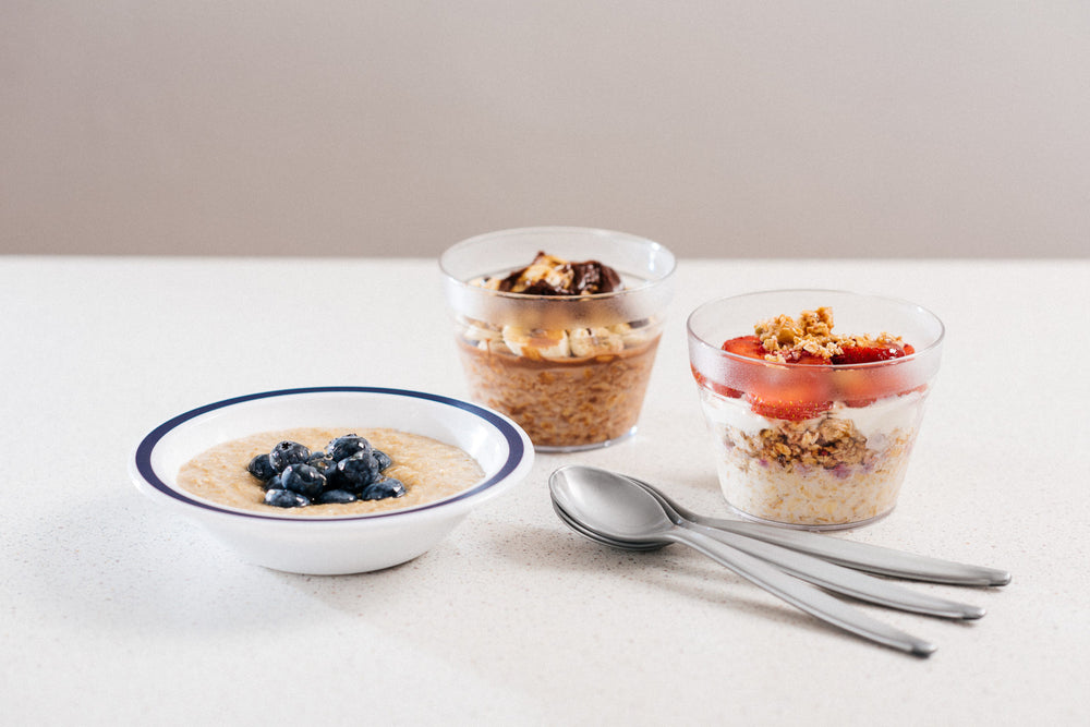 Porridge and blueberries served in a polycarbonate duo bowl