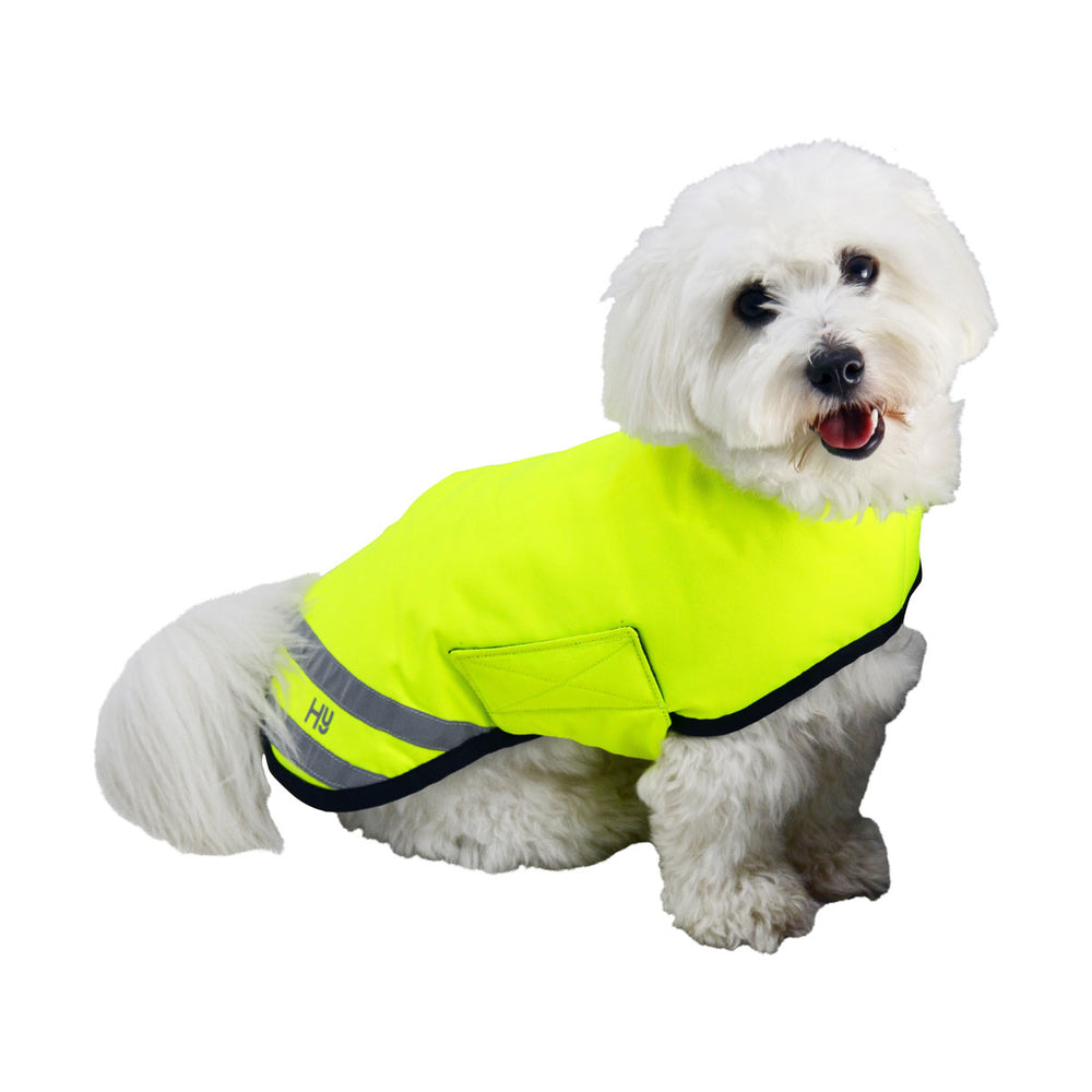 The image shows the HyVIZ Reflector Waterproof Dog Coat on a small dog
