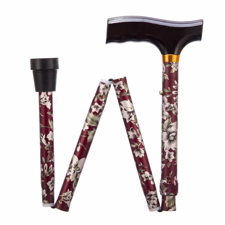 the image shows the burgundy flower patterned adjustable folding walking stick