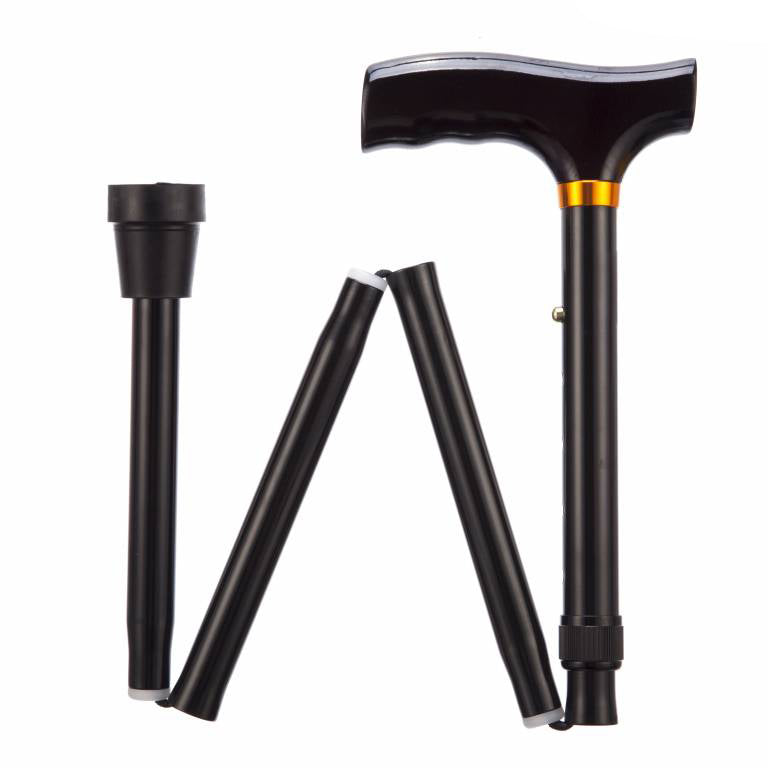 the image shows the black adjustable folding walking stick