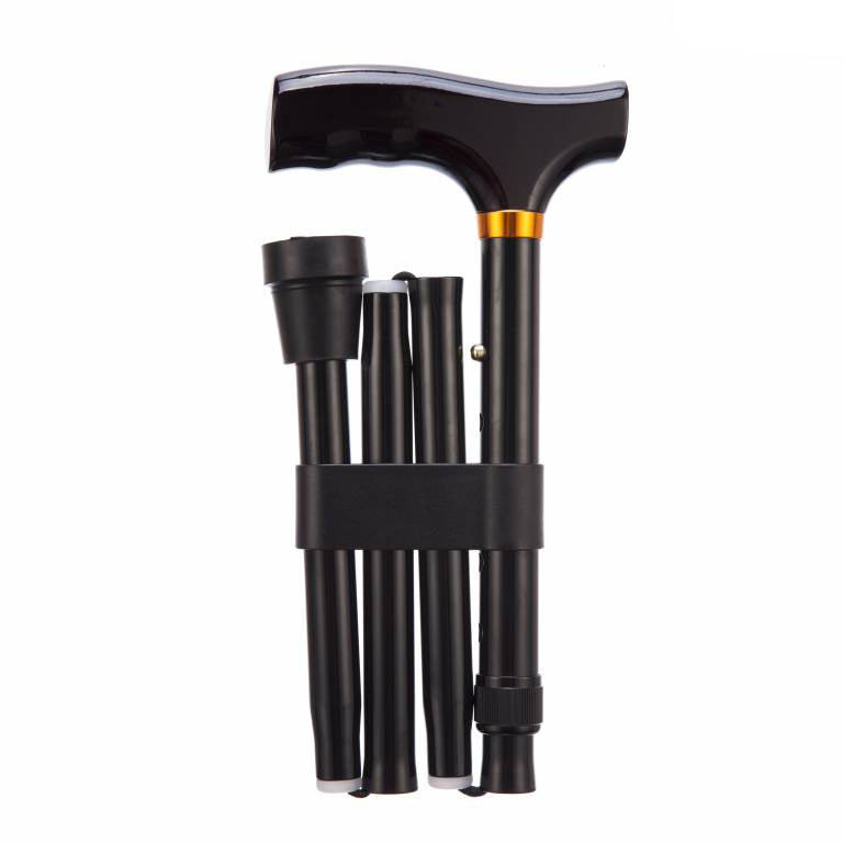 the image shows a folded up black adjustable folding walking stick