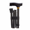 the image shows a folded up black adjustable folding walking stick