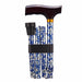 the image shows a folded up blue petal patterned adjustable walking stick