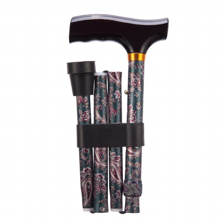 the image shows the folded up paisley adjustable folding walking stick