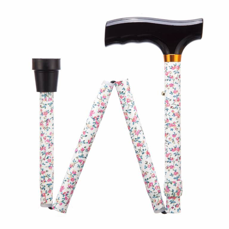 the image shows the pink flowered pattern adjustable folding walking stick