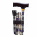 the image shows a folded up tartan patterned adjustable folding walking stick