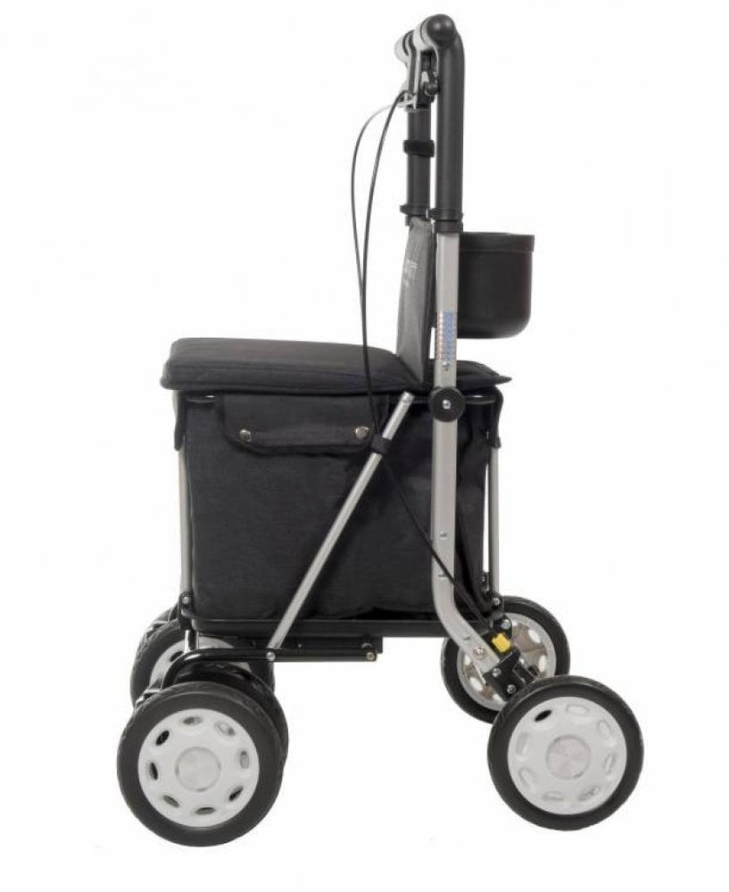 shows side view of the black carlett shopping rollator