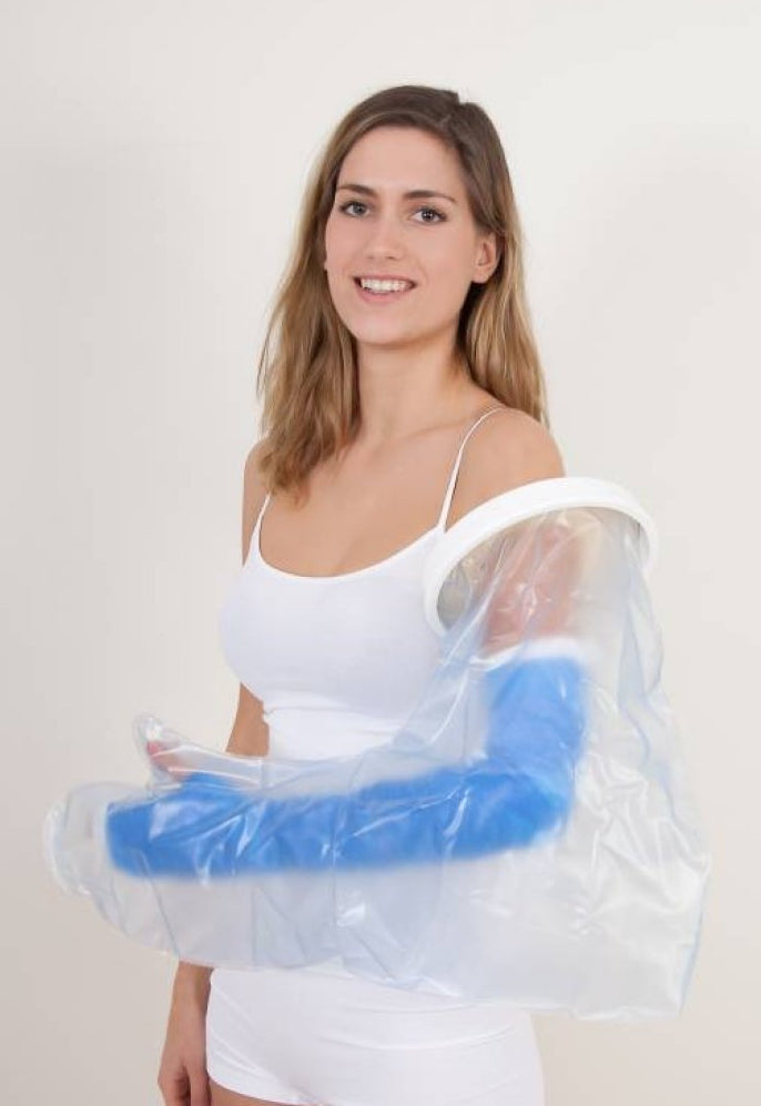 shows a woman wearing a long Atlantis cast protector on her arm
