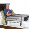 Man using the 30 Inch Safety Bed Railand a graphic overlay showing thee 180 degree pivot rail