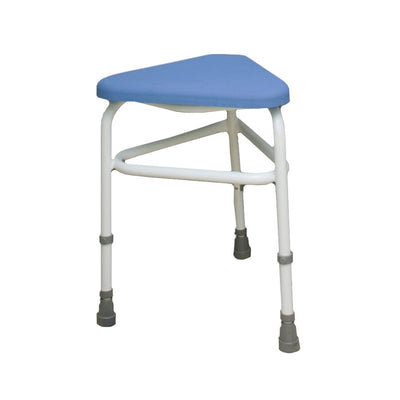 shows corner stool with blue padded seat