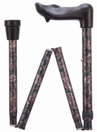 the image shows the paisley designed folding adjustable arthritis fischer grip cane