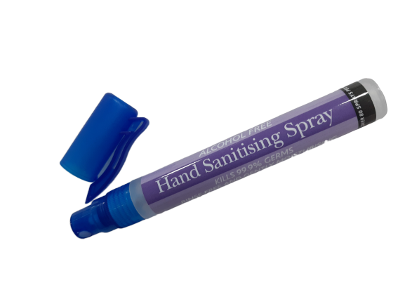 shows the 2Protect Instant Antibacterial Hand Spray Pen with the lid removed.