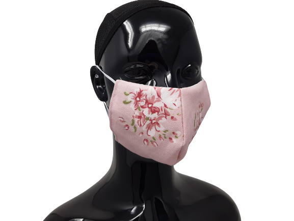 shows the washable reusable face mask in pink flowers design