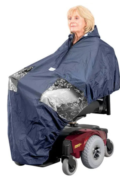 Someone on a powerchair, wearing a Wheelchair Powerchair Cape