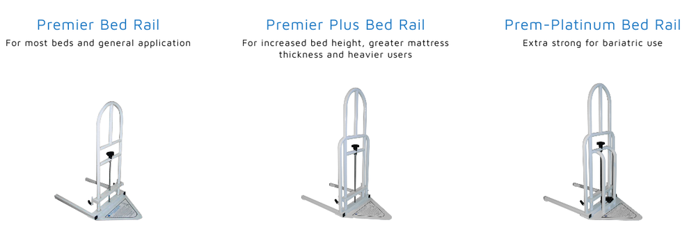 shows the premier bed rail, the premier plus bed rail and the prem-platinum bed rail