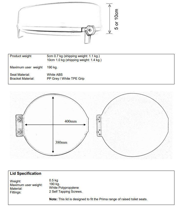 Prima Derby Raised Toilet Seat - Measurements