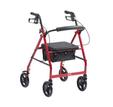 The Red R8 Aluminium 4 Wheel Rollator with an Under-seat Bag