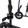 A close up of the footrests on a blue Steel Compact Transport Wheelchair