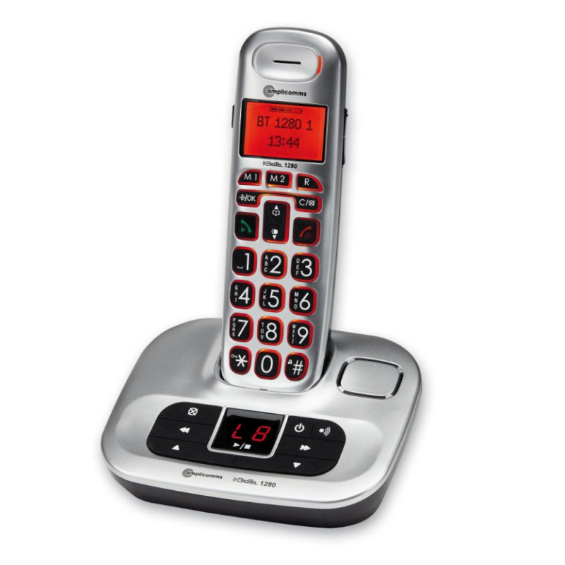 the image shows the silver coloured bigtel 1280 cordless telephone with the answering machine