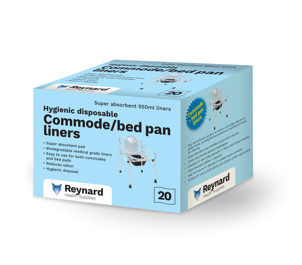 shows a box of 20 disposable commode / bed pan liners