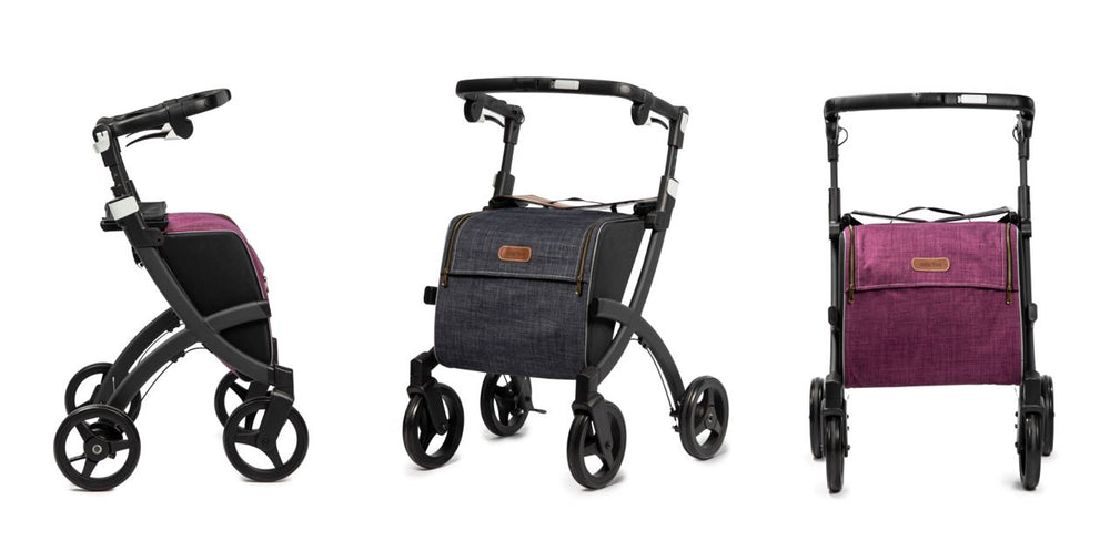 shows three Rollz Flex Shopping Rollators, two in purple and one in blue