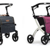 shows two black framed rollz flex shopping rollators, one in blue and one in purple