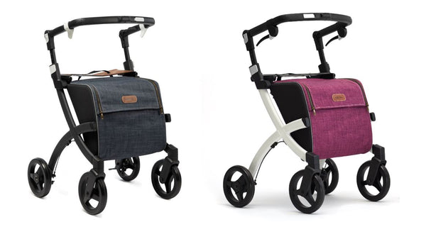 shows two black framed rollz flex shopping rollators, one in blue and one in purple
