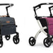 shows two black framed rollz flex shopping rollators, one in blue and one in purple