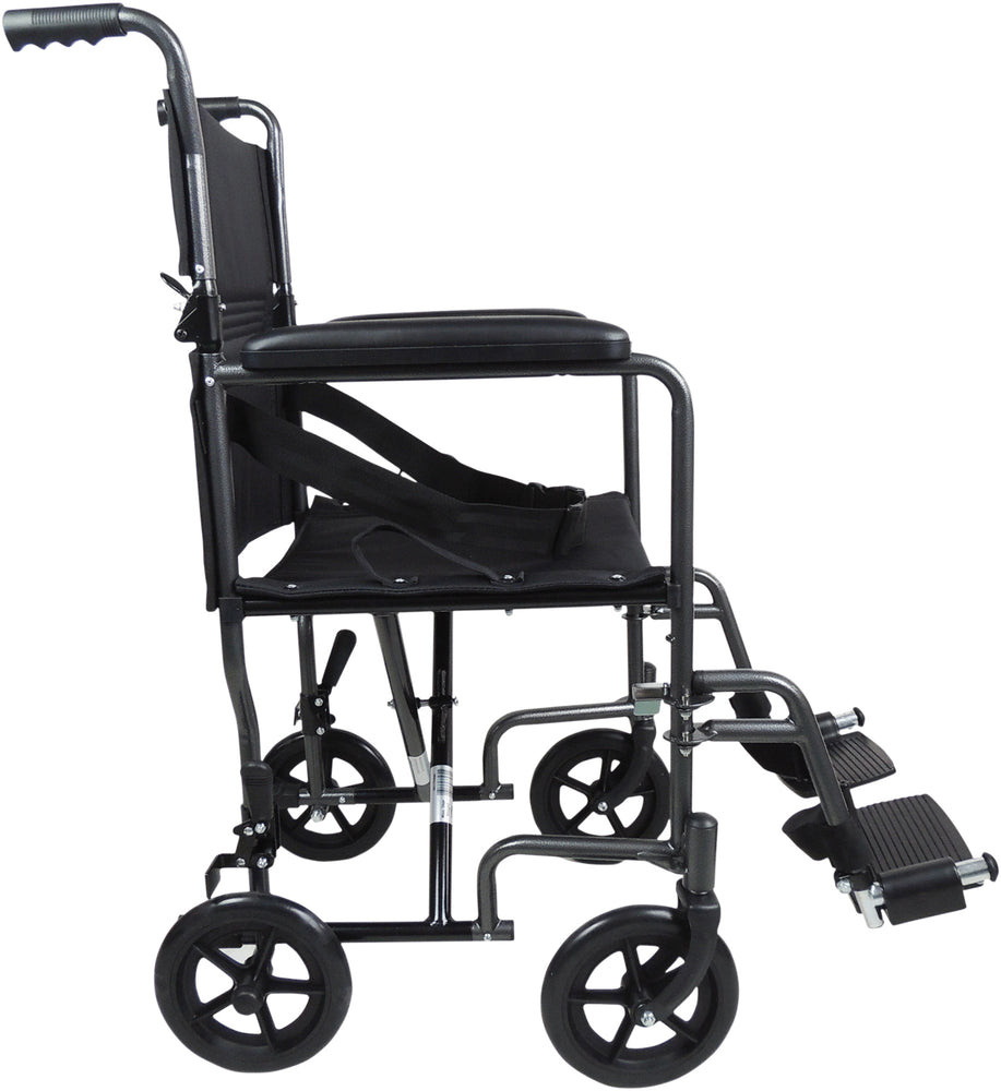 A side view of the Steel Compact Transport Wheelchair in black