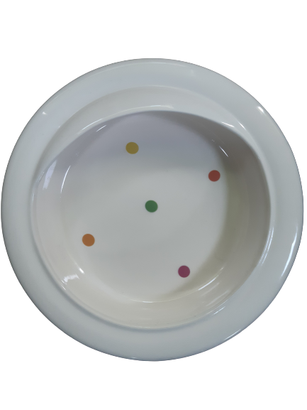 shows the secure grip half scoop plate bowl in polka dot pattern