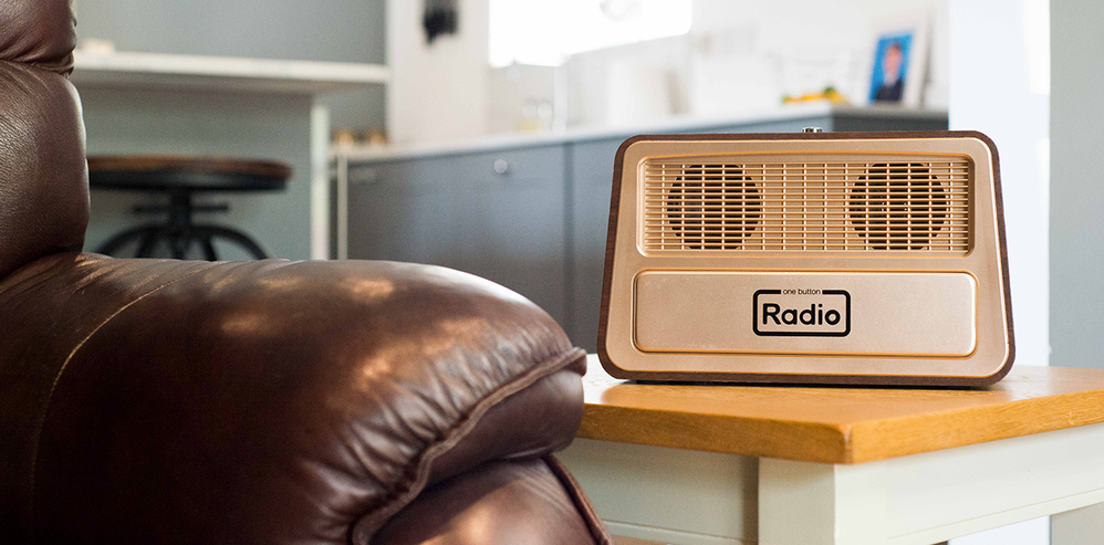 One Button Radio on table in living room