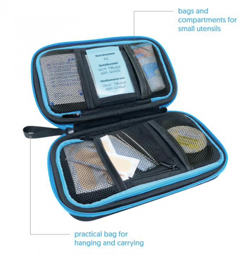 Pillbase Travel unzipped - shows bags and compartments for small utensils and a practical bag for hanging and carrying