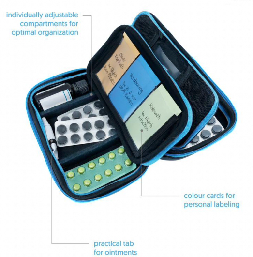 Pillbase Travel unzipped, shows individually adjustable compartments for optimal organisation, practical tab for ointments and colour cards for personal labeling
