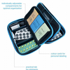 Pillbase Travel unzipped, shows individually adjustable compartments for optimal organisation, practical tab for ointments and colour cards for personal labeling