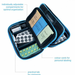 Pillbase Travel unzipped, shows individually adjustable compartments for optimal organisation, practical tab for ointments and colour cards for personal labeling