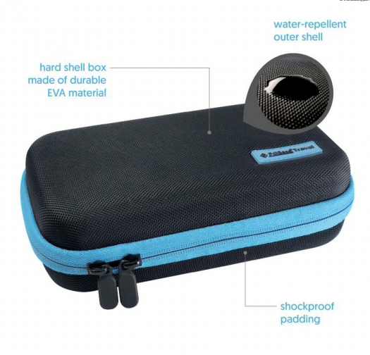 Pillbase Travel, features hard shell box made of durable EVA material, water repellent outer shell and shockproof padding