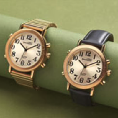 2 versions of the gents talking wristwatch, one with a leather strap and one with an expanding strap