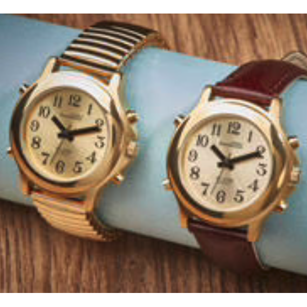 The two styles of Ladies Talking Wristwatch, one with the expanding strap and one with the leather strap.