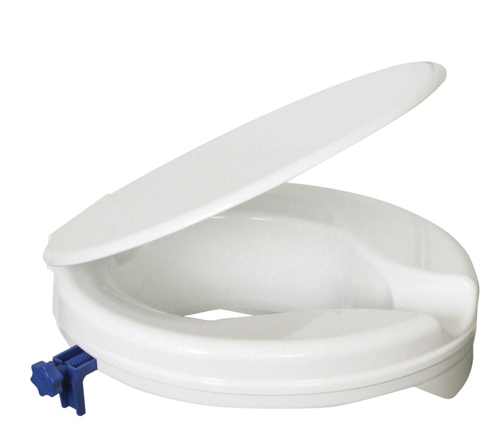 shows the 2 inch senator ergonomic raised toilet seat with a lid