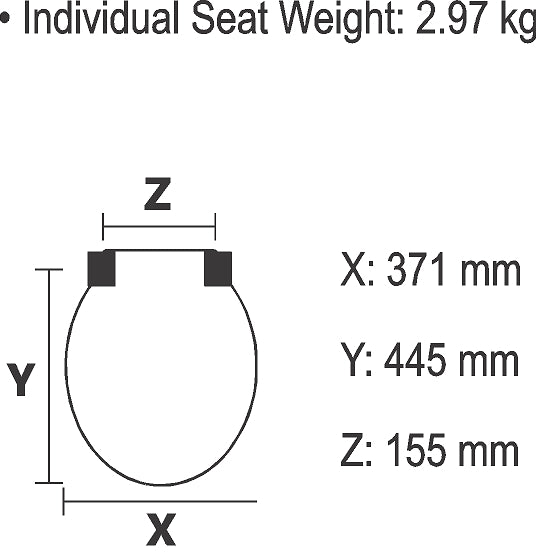 Individual Seat Weight: 2.97 kg. Bottom Width: 371mm, Height: 445mm, Top Width: 155mm