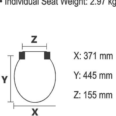 Individual Seat Weight: 2.97 kg. Bottom Width: 371mm, Height: 445mm, Top Width: 155mm